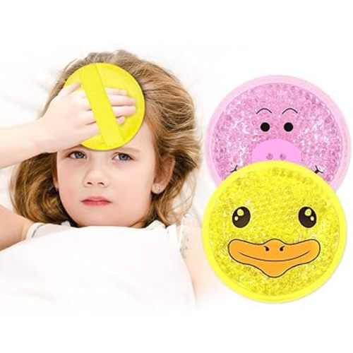 Kids Ice Packs for Injuries Reusable 2 Packs Cold or Warm Compress Gel Bead Cooling Packs with Strap for Neck Head Fever Wisdom Teeth Recovery First Aid 4.9 Inch