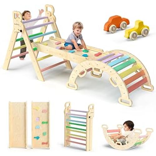 Pikler Triangle Set 7in1 Foldable Baby Climbing Toys Wooden Montessori Climbing Set with Arch&Ramp&Ladder Baby Climber Indoor Jungle Gyms for Toddlers Montessori Toys - Rainbow