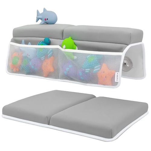 Baby Bath Kneeler and Elbow Rest Pad Set - Baby Bath Support for Knees and Elbows - Bath Kneeler Pad with Memory Foam and Bath Toys Organizer - Ideal Bath Kneeling Pad for Bathing Baby - Grey