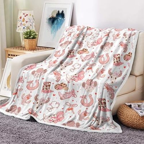 Pink Western Cowgirl Blanket, Cute Pink Cowboy Bow Hat Boots Throw Blankets for Girls Kids, Soft Warm Cactus Bull Skull Blankets for Couch Sofa Bed Decor,50X60IN