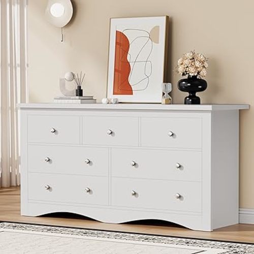 YESHOMY Dresser for Bedroom with 7 Drawers, Modern Chest of Drawers, Wooden Dressers, TV Stand for Living Room,Closet, Hallway (White)