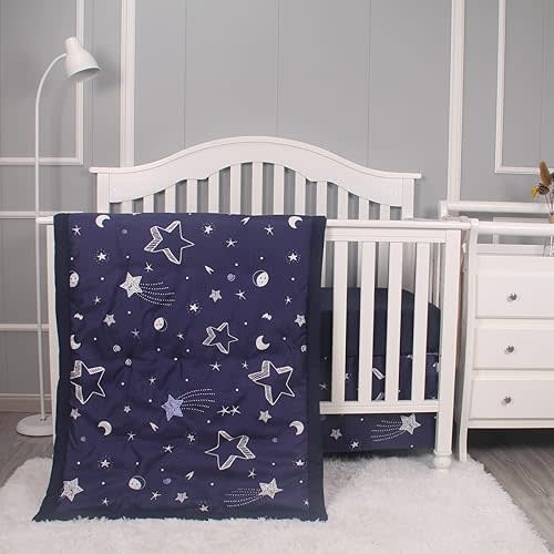 Belsden 3 Piece Crib Bedding Set for Baby Boys Girls, Classic Nursery Bedding Essential Including Comforter, Crib Sheet and Crib Skirt, Ultra Soft Cozy, Star Navy