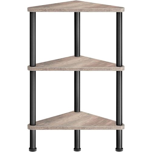 HOOBRO Corner Shelf Stand, Industrial 3-Tier Wall Corner Bookshelf with Metal Frame, Plant Display Shelf, Bookcase for Small Spaces, Living Room, Greige and Black BG30CJ01