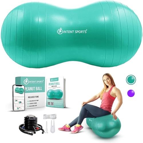 INTENT SPORTS Peanut Ball – Anti Burst Ball for Exercise, Labor, Birthing, Dog Training, Kids, Home & Gym Fitness, Physio Roll, Yoga Balance, Flexible Seating for Classroom & Office - Pump Included