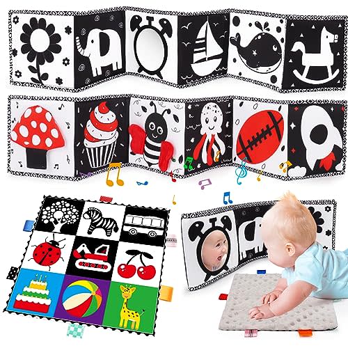 2 PCS Black and White High Contrast Baby Toys 0-6 Months Soft Crinkle Book for Early Education Montessori Sensory Toys for Newborn Brain Development Tummy Time Mirror Infant Toys 6-12 Months Gifts