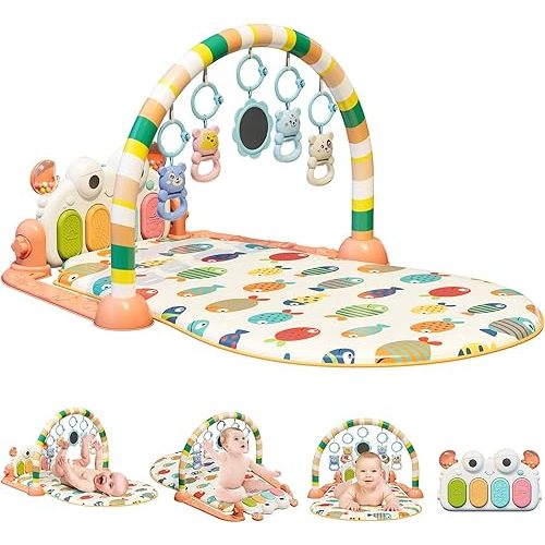 dearlomum Baby Play Mat Baby Gym, Piano Tummy Time Activity Gym Mat with 5 Infant Learning Sensory Toys, Music and Lights Boy & Girl Gifts for Newborn 0 to 3 6 9 12 Months(Orange)