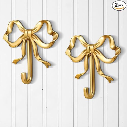 2 Pcs Gold Bow Knot Hooks Brass Bow Wall Door Hanger Towel Hooks Brass Coat Hanger Decorative Holder for Wedding Bathroom Living Room Kitchen Decor (S)