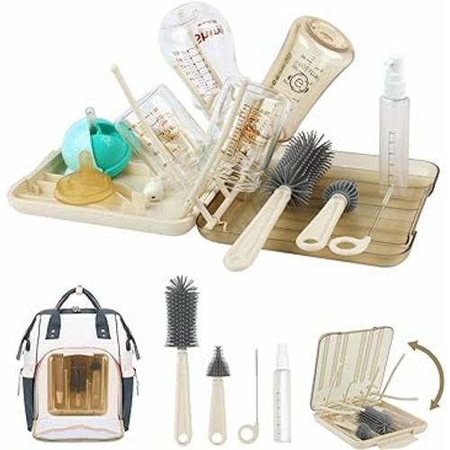6-in-1 Travel Baby Bottle Brush Set, Capable of Drying Multiple Bottles simultaneously, Suitable for Cleaning Baby Bottles and Tableware (6-in-1 Baby Bottle Wash Set - Brown)