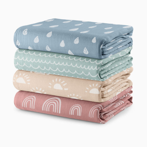 Muslin Swaddle Blankets Set (4 Pack) - Sun, Rainbow, Rain, Doodle