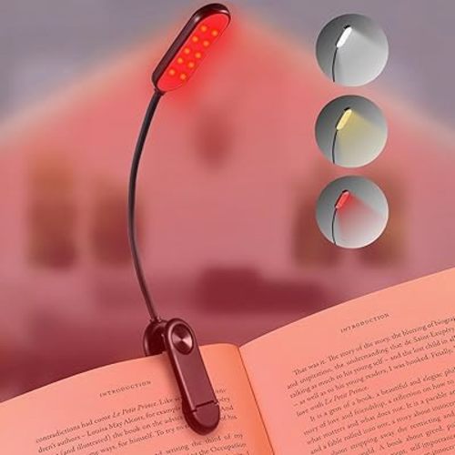 625nm Red Book Light [1 Pack] - Zero Blue Light, Rechargeable Clip On Red Reading Light Lamp for Reading at Night - Poratble Dimmable LED Book Lamp, Gift for Kids Lovers Travel Studying