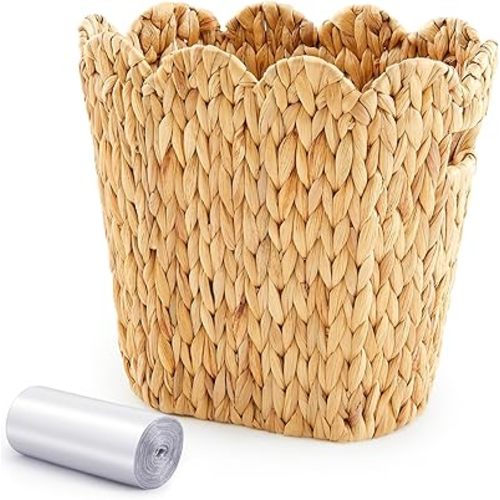 Ctosree 3.9 Gallons Scallop Shaped Woven Trash Can Wicker Waste Basket with Handles, Wicker Trash Can with 50 Small Garbage Bags for Home Bathroom, Office Kitchen, 12.6 x 11.8 x 7.09 Inch