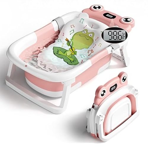 BUNWAG Baby Bathtub, Collapsible Newborn Bathtub for Infant to Toddler with Soft Cushion and Thermometer,Portable Travel Newborn Tub with No-Slip Feet, Baby Shower Gifts, 0-12 Months Baby Bath, Pink