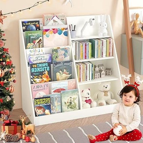 Kids Bookshelf and Toy Storage Organizer Nursery Bookcase with Cube Storage,4 Tier Wooden Bookshelf with Bookcase Display Stand in Kids Room Playroom Kindergarten for Children Toddler,White