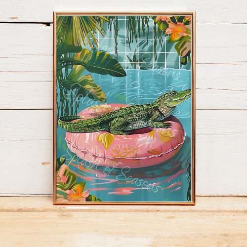 Alligator On A Pool Float, Maximalist Wall Art, Florida Print, Gator Decor, Housewarming Gifts, Animal Wall Art, Eclectic Wall Art, Unframed