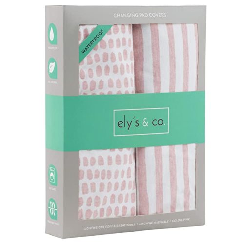 Ely's & Co. Patent Pending Waterproof Changing Pad Cover Set | Cradle Sheet Set by Ely's & Co no Need for Changing Pad Liner Mauve Pink Splash & Stripe 2 Pack for Baby Girl