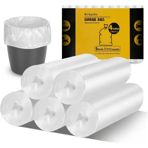 220Counts Small Trash Bags 4 Gallon, Flexible & Durable Small Garbage Bags, Unscented & Easy Tearing 4 Gallon Trash Bag for Kitchen, Bathroom, Bedroom, Office, Transparent,0.3Mil