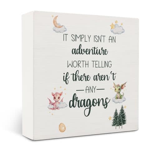 OVAcational Fantasy Dragon Nursery Wooden Box Sign Desk Decor, Enchanted Forest Cute Dragon Wood Block Sign for Kids Room Nursery Playroom Desk Table Shelf Wall Decorations, 5x5 Inch