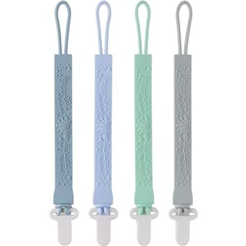 4-Pack Silicone Pacifier Clips with One-Piece Beads for Baby Boys and Girls - Flexible and Rust-Free Holders for Teething Relief and Baby Essentials, Safe for Newborns (Flat, Grey)