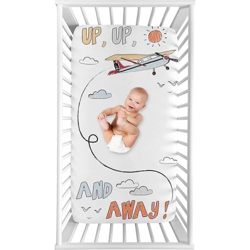 Sweet Jojo Designs Vintage Airplane Boy Fitted Crib Sheet Baby Toddler Bed Nursery Photo Op - Grey Yellow Orange Red White and Blue Airplanes Air Plane Transportation Clouds Sun Sky Aviator Aviation