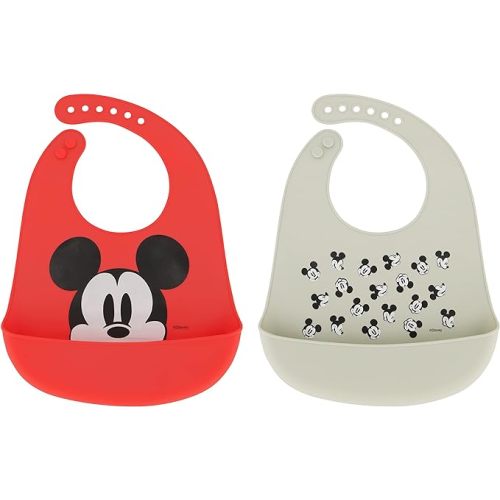 Disney 2-Pack Unisex Baby & Toddler Silicone Bibs with Food Catcher, Soft Waterproof Feeding Accessories - Red/Grey