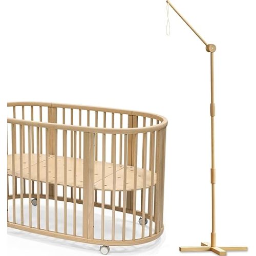 360° Adjustable Floor-Standing Crib Mobile Arm 61 Inches for Baby Nursery-Movable Wooden Baby Mobile Hanger with Strong Anti Dumping Attachment-Multifunction Mobile Arm for Crib-100%Beech Wood
