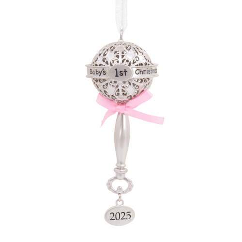 Hallmark Christmas Ornament (Baby's First Christmas Silver Rattle with Pink Ribbon 2025, Metal), 1 Count