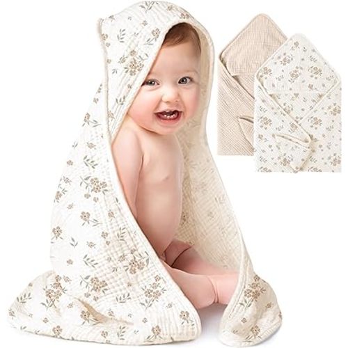 Konssy 2-Pack Muslin Hooded Baby Towels, 100% Cotton, Ultra-Soft & Absorbent Baby Bath Towels with Hood for Newborn & Infant (Cream, Blossom,30" x 30")