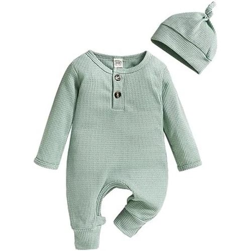 Infant Boys Girls Clothes Set Newborn Baby Romper Hat Ribbed Knit Long Sleeve Button Solid Bodysuit Jumpsuit