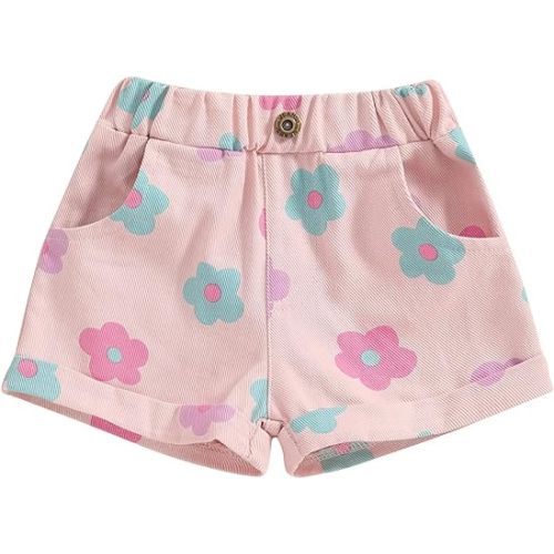 Toddler Baby Girls Floral Shorts Summer Elastic Waist Flower Print Short Jeans Pull On Denim Shorts with Pockets