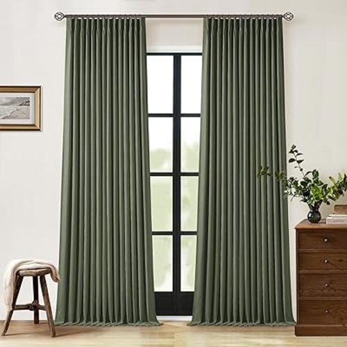 Olive Green Pleated Linen Blackout Curtains 90 Inches Long for Bedroom Living Room Pinch Pleat Black Out Thermal Insulated Ring Hooks Back Tab Room Darkening Drapes Dark Green Curtains with Liner