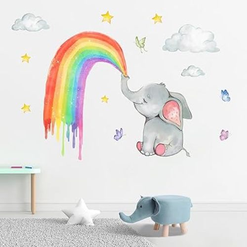 Mfault Elephant Rainbow Wall Decals Stickers, Watercolor Cloud Stars Butterfly Nursery Decorations Baby Shower Bedroom Art, Neutral Toddlers Kids Room Playroom Decor