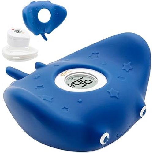 b&h Silicone Baby Bath Thermometer - Safety Digital Infant Bathtub Temperature Thermometer, Color-Coded Display, Quick-Read, Detachable Silicone Jacket, Dishwasher Safe, Temperature Toy (Manta Ray)