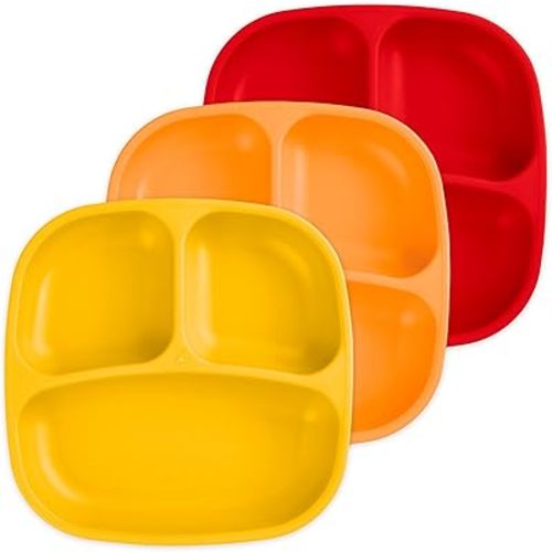 Re-Play Made in USA 7" Deep Walled Divided Plates for Kids, Set of 3 - Reusable 3 Compartment Plates, Dishwasher and Microwave Safe - 7.37" x 7.37" x 1.25", Fall