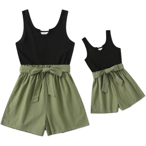 PATPAT Mom and Daughter Matching Jumpsuits - Black Tank Top with Floral Wide-Leg Shorts
