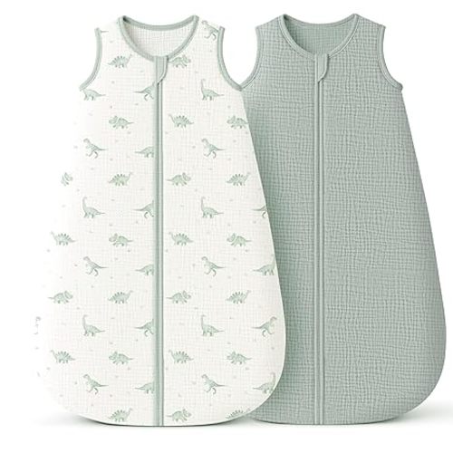 Konssy Muslin Baby Sleep Sack 0-6 Months 0.8 TOG, 2 Pack 100% Cotton Wearable Blanket for Babies, 2-Way Zipper Breathable Sleeping Sack Infant Toddler Essentials for Girls and Boys (Green Dino,Green)