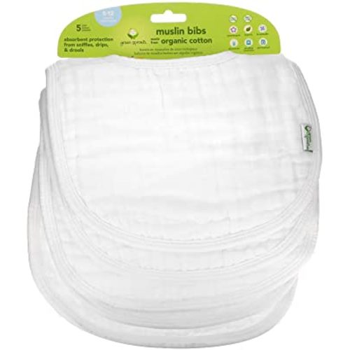Green Sprouts Muslin Bibs Made from Organic Cotton| 4 Absorbent Layers Protect from sniffles, Drips, & drools | 100% Organic Cotton Muslin, Adjustable snap Closure, Machine Washable,5 Count