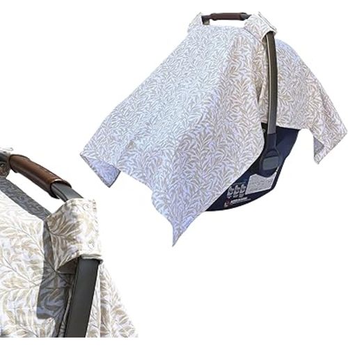 MOZAH Baby Car Seat Cover - Beige Leaves - 100% Organic Muslin - Soft, Breathable and Lightweight, Baby Infant Car Seat Essentials