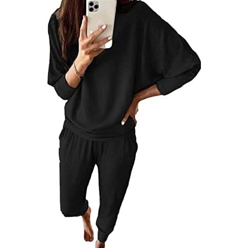 PRETTYGARDEN Women's Fall 2 Piece Lounge Set Long Sleeve Tops Ribbed Pants Spring Matching Sweatsuit Travel Outfits Clothes