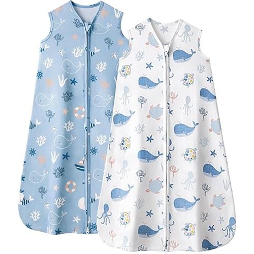 Baby Sleep Sack 6-12 Months, 0.5 TOG Wearable Blanket for Baby Boy and Girl, 2-Way Zipper Newborn and Infant Sleeping Bag 2 Pack, Lightweight Sleep Sacks Blue Whale（Medium）