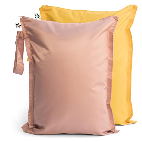 Tiny Twinkle Mess-proof Wet Bags 2 Pack Waterproof and Washable Bag for Travel storage, Stroller, Daycare, Baby Diapers, Yoga, Beach, Pool, Wet Toddler Swimsuits (Taupe, Dandelion)