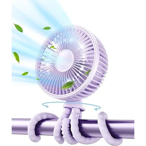 Gaiatop Oscillating Baby Stroller Fan, LED Night Light 4 Speeds Rechargeable 360° Rotate Clip On, Battery Operated Small Portable Cooling Fans for Car Seat Crib Treadmill Travel Purple