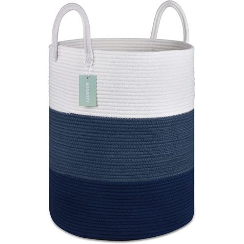 Large Blanket Basket, Tall Laundry Basket 65L, Nursery Hamper, Laundry Hamper, Clothes Basket Laundry, Large Storage Basket, Toy Basket, 16”x 20”, White & Cadet Blue & Navy Blue