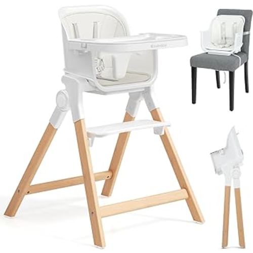 Ezebaby Folding Wooden High Chairs, 3-in-1 Convertible Baby High Chair, Dining Booster Seat, Toddler Chair, Easy Clean High Chairs for Babies and Toddlers with Large Adjustable Tray- Solid White