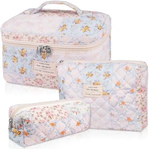 Makeup Bag Set, Quilted Makeup Bag, Large Floral Cosmetic Bag for Women, Cute Cotton Makeup Bags, Flower Travel Toiletry Organizer Bag (Folk Style)