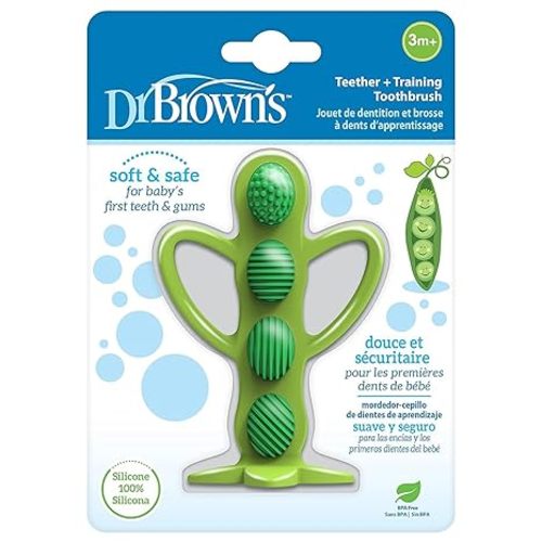 Dr. Brown's Peapod Teether + Training Toothbrush, Help Soothe Baby's Sore Gums, Soft 100% Silicone, BPA Free, 3m+