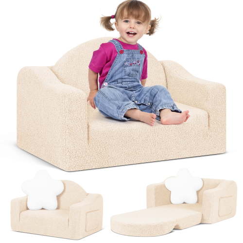 babyeap Kids Sofa,2-in-1 Soft Toddler Couch Fold Out,Toddler Chair Baby Convertible Couch for Girls and Boys,Beige