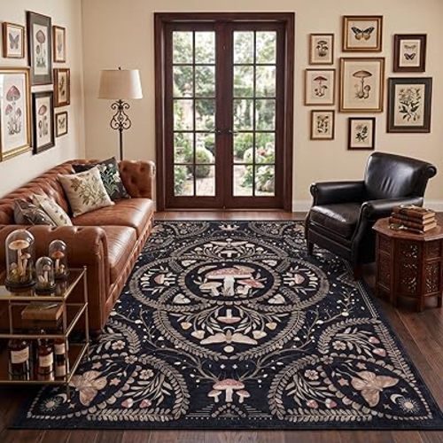 Garvee Mushroom 5x7 Area Rugs for Living Room, Dark Academia Gothic Rug, Non Slip Animal Print Washable Rugs 5x7 Low Pile Bedroom Decor Bug Carpet with Rubber for Playroom Dining Room Office, Black
