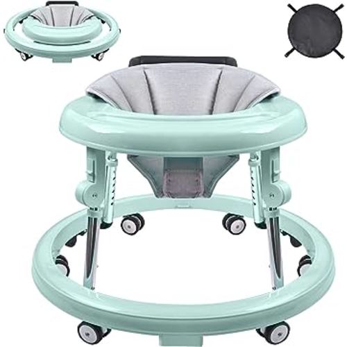 Baby Walker, Foldable 9-Gear Height Adjustable Baby Walker with Wheels, Infant Toddler Walker with Foot Pads, Anti-Fall Baby Walkers and Activity Center Bouncer Combo for Boys and Girls 6-24 Months…