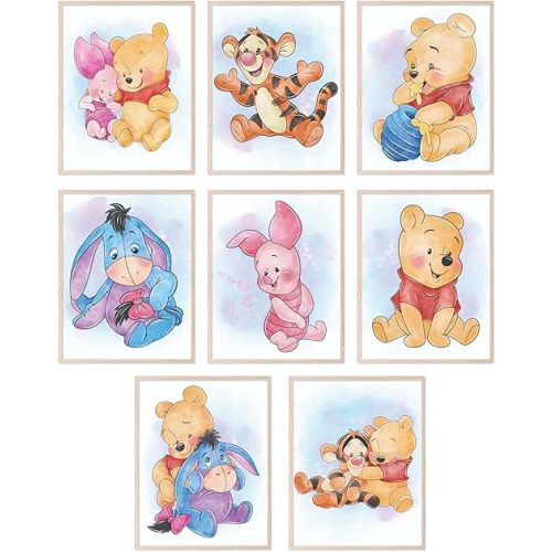 BigWig Prints Winnie the Pooh Nursery Decor - Winnie the Pooh Wall Art, Baby Nursery Wall Decor, Childrens Poster Prints for Classroom, Piglet Tigger Rabbit Eeyore Gifts - Unframed Set of 8 (8x10)