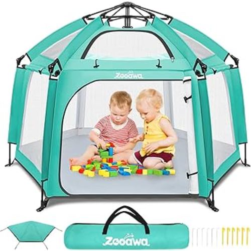 Zooawa Pop Up Playpen for Baby, Portable Play Yard for Babies and Toddlers with Removable Sun-Shades& 2 Side UV Covers, Lightweight Outdoor Baby Playpen with Travel Bag,Beach,Home, Mint Green